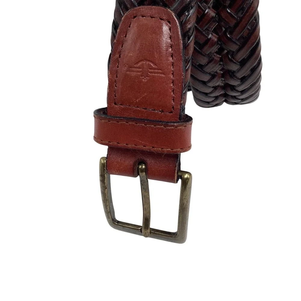 Dockers Mens Braided Woven Belt Brown Leather Tab Brass Buckle 48 120 17D00408